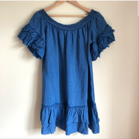 Rails blue linen ruffle off shoulder dress size large - Picture 1 of 3